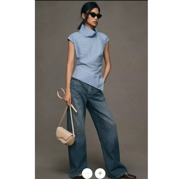 Maeve Anthropologie Top XL Blue Striped Mock‎ Neck Asymmetric Sleeveless Blouse